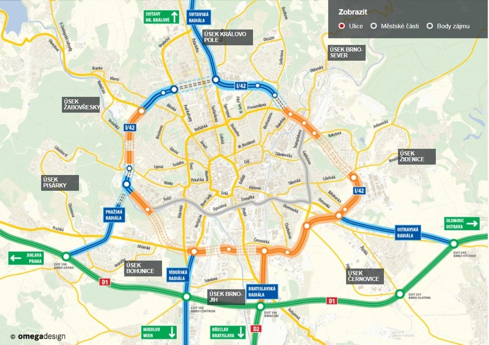 Stav neúplného velkého městského okruhu (VMO)v Brně. V provozu jsou modře vyznačené úseky, oranžové jsou ve výstavbě či teprve v plánech. Kvůli neexistenci okruhu je Brno ve všedních dnech z velké části neprůjezdné.
