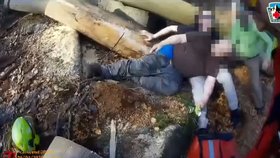 Záchrana dřevorubce, kterému v Liberci strom přimáčkl a pochroumal nohu.