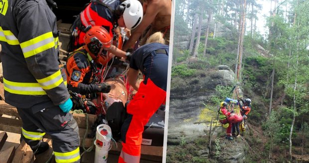 Zavalený dělník nebo záchrana v Adršpašských skalách: Záchranáři k pacientům museli vrtulníkem