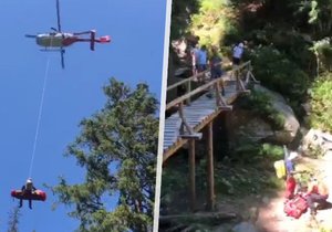 Pro zraněného turistu přiletěl do těžko přístupného terénu záchranářský vrtulník.