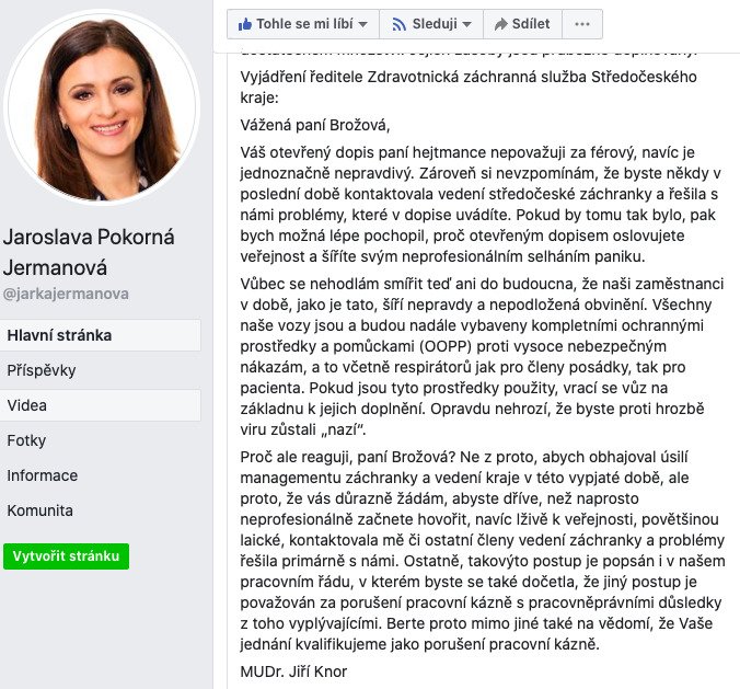 Záchranářka poslala dopis hejtmance Jermanové. Jejímu nadřízenému, šéfovi středočeské záchranky, se to nelíbilo.