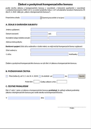 Žádost o bonus pro OSVČ bez zástupce ve formátu JPG. Formulář si jako obrázek si můžete uložit do PC a následně vytisknout a vyplnit