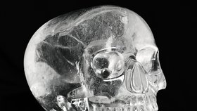 Slavná Mitchell-Hedgesova křišťálová lebka. Exponát je, stejně jako originál, precizně vybroušený z jediného 9 kg vážícího krystalu přírodního křišťálu.