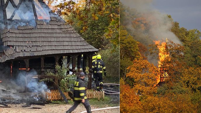 V zahradě Kinských na Smíchově hoří dřevěný kostel sv. Michala. (28. 10. 2020)