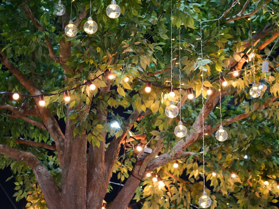 Ozdoby, které uvidíte až po setmění. Tahle dekorace je navíc praktická, pod stromem ověšeným žárovkami večer perfektně uvidíte na tabuli plnou dobrot z grilu.