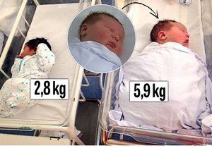 Novorozený Zaid váží 5,9 kg. Pro porovnání vedle miminka, které váží 2,8 kg.