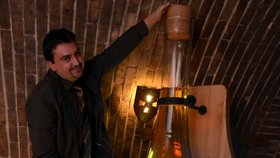 Lukáš Lukáš z čejkovického vinařského družstva právě zašpuntoval rekordní zátkou rekordní láhev na víno.