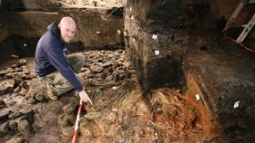 Archeolog Miroslav Dejmal se společnosti Archaia ukazuje kostry tří násilně usmrcených lidí. Vědci je odkryli v podzemí zámku v Břeclavi.