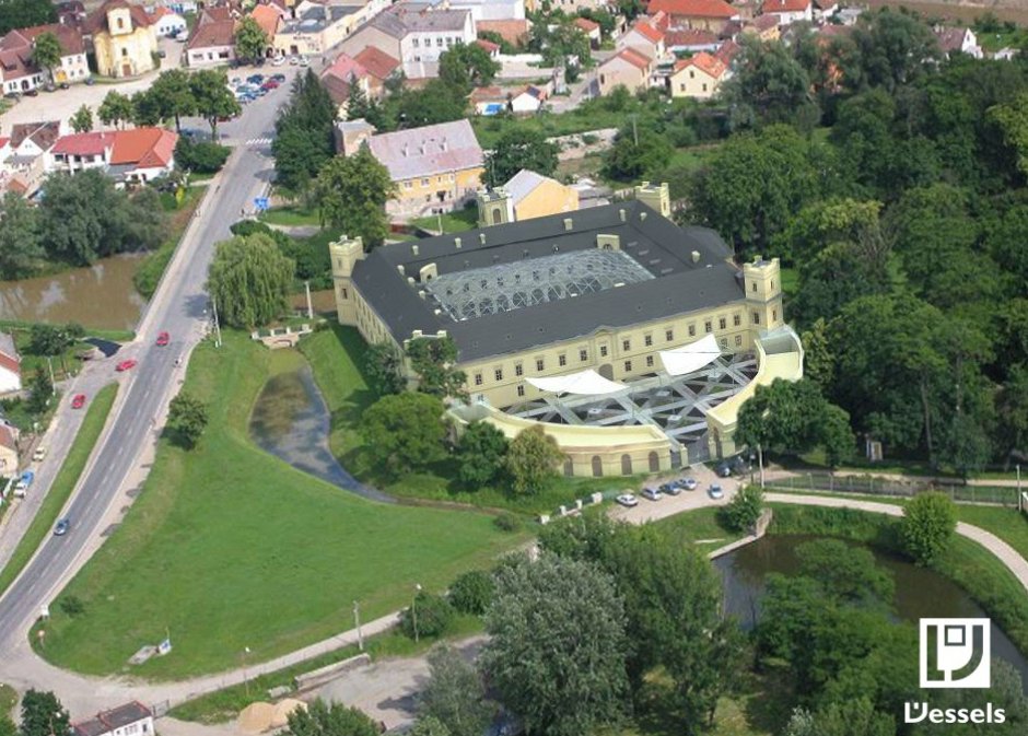 Takto měl vypadat hotel vytvořený ze zámku ve Veselí nad Moravou. Centrální část měla krýt prosklenná kupole. Skleněná měla být i podlaha, aby pod ní byly dobře vidět zachovalé základy původního hradu ze 13. století.