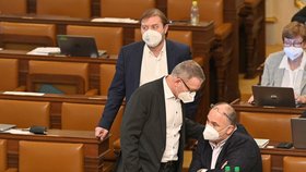 Ministr kultury Lubomír Zaorálek ve Sněmovně s neúspěšným kandidátem na post ministra kultury Janem Birkem (oba ČSSD). (20. 4. 2021)