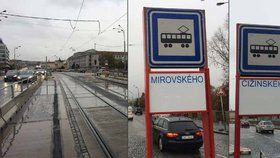 Na zastávce, která stojí na magistrále v oblasti Štvanice, se objevily nápisy Mirovského a Čižinského. Tak se jmenuje místostarosta a starosta.