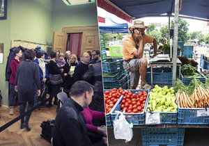 Proti pořádání farmářských trhů městskou částí přišly na radnici protestovat desítky občanů.