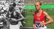 Emil Zátopek při závodu na 10 000 metrů, který na LOH v Londýně vyhrál a Václav Neužil jako Zátopek o 71 let později na stadionu v Brně.