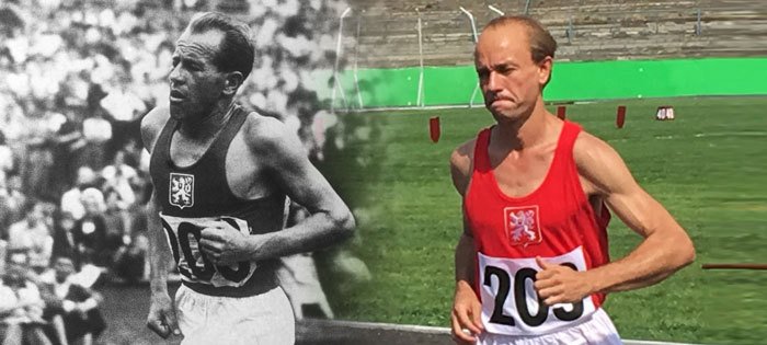 Emil Zátopek při závodu na 10 000 metrů, který na LOH v Londýně vyhrál a Václav Neužil jako Zátopek o 71 let později na stadionu v Brně.