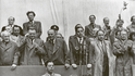 Je hotovo. Oslavy 1. máje 1948 v Praze, v první řadě zleva Zdeněk Nejedlý, Klement Gottwald, Josef Krosnář, vpravo Kriegel a Antonín Novotný.