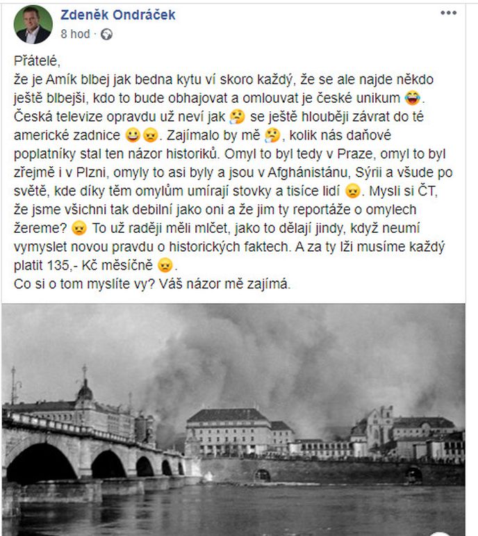 Facebookový post komunisty Ondráčka.