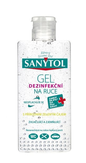 Sanytol dezinfekční gel, čistí ruce bez mýdla a vody, neutralizuje zápach a eliminuje 99,9 % virů, a bakterií, Lékárna.cz, 64 Kč.