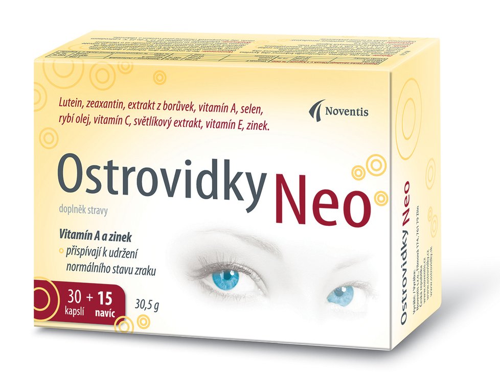 Doplněk stravy pro zdravé oči Ostrovidky Neo 30 kapslí + 15 zdarma, www.noventis.cz, 170 Kč