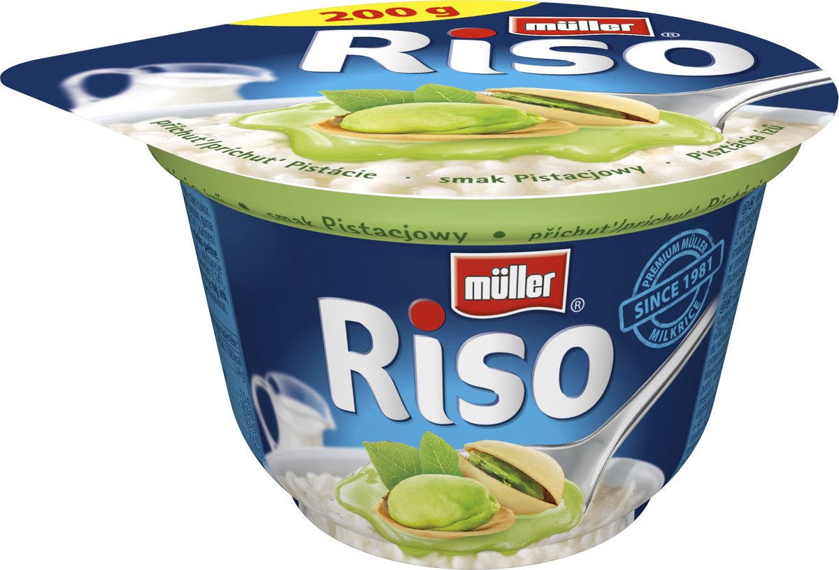 Mléčná rýže Müller Riso, s příchutí pistácie, 16,90 Kč