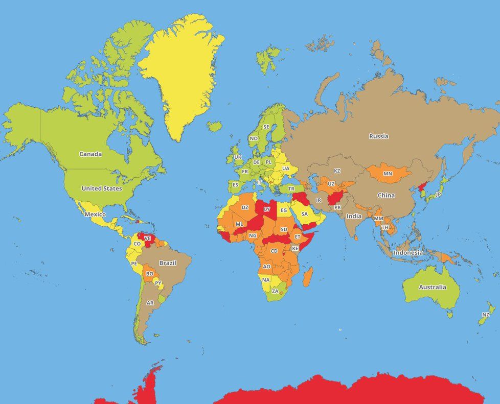 Celkový pohled na mapu, zobrazené je hledisko zdravotních rizik v zemi.