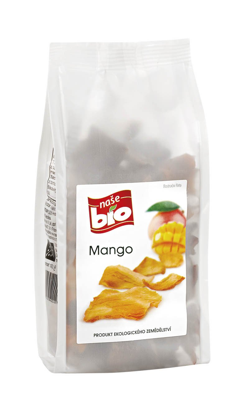 Naše bio sušené mango, s vysokým obsahem draslíku, který je nezbytný pro optimální fungování srdce a oběhové soustavy, Billa, 69,90 Kč.