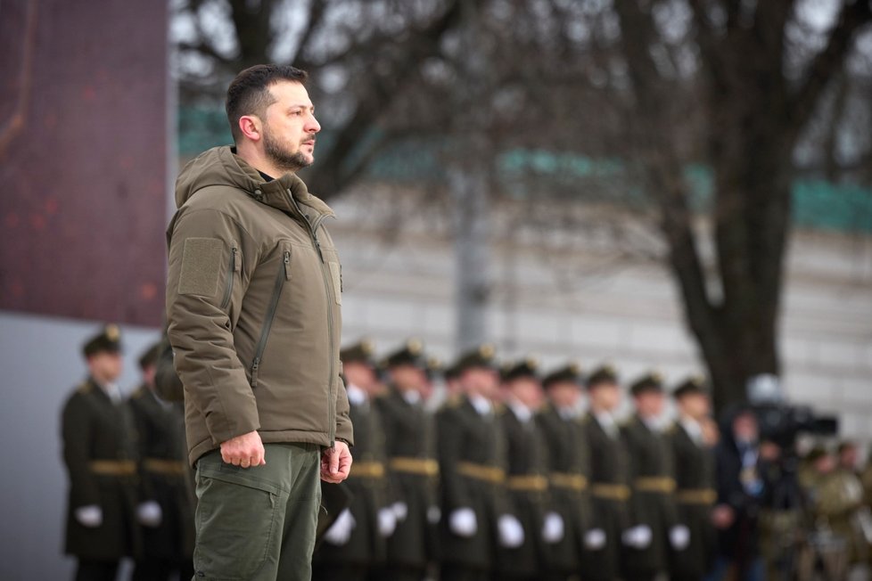 Volodymyr Zelenskyj při výročí invaze (24. 2. 2023).