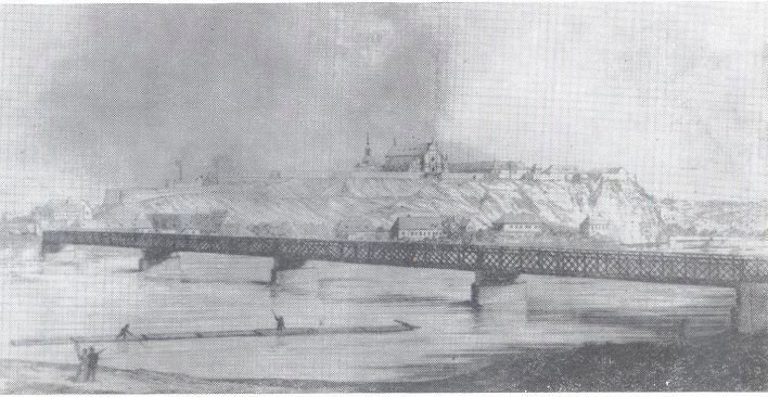 Původní železniční most dle kresby J. Scheiwla z roku 1870