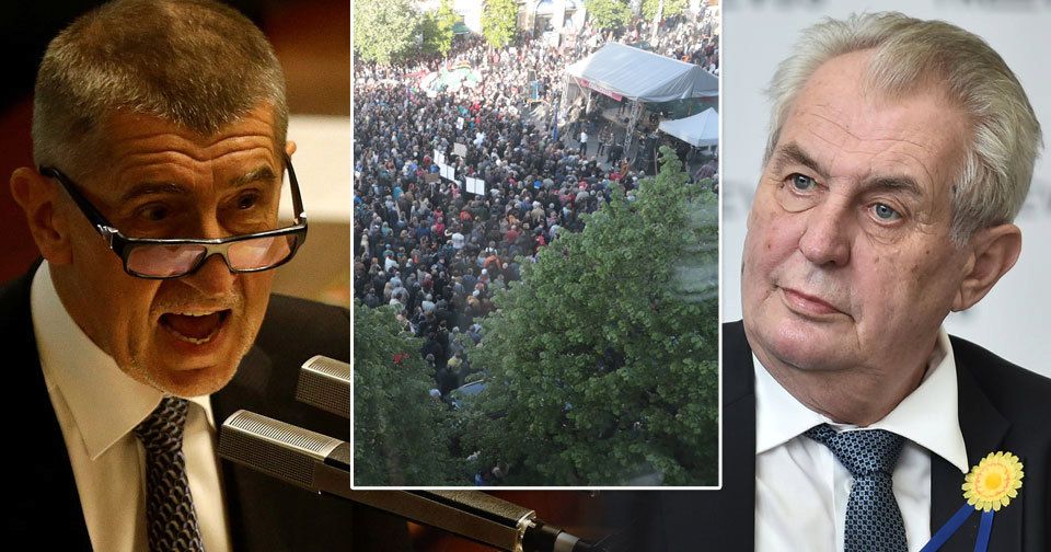 Vicepremiér Andrej Babiš, prezident Miloš Zeman a demonstrace v Praze proti nim oběma