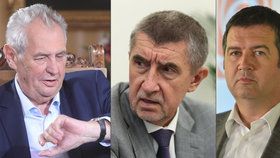 Zleva prezident Miloš Zeman, premiér Andrej Babiš a šéf ČSSD Jan Hamáček