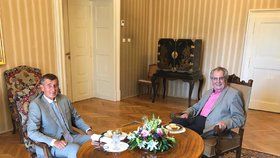 Prezident Miloš Zeman přivítal v Masarykově pracovně v Lánech premiéra Andreje Babiše (24. 7. 2019)