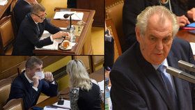 Prezident Miloš Zeman při projevu ve Sněmovně a vicepremiér Andrej Babiš (ANO) při boji s nemocí