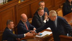 Prezident Miloš Zeman podává ruku vicepremiérovi Andreji Babišovi (ANO)
