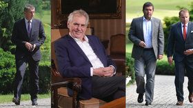 Prezident Miloš Zeman (uprostřed) je klíčovým hráčem vznikající nové vlády Andreje Babiš (ANO, vlevo) a ČSSD (vpravo)