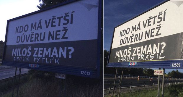 Kdo má větší důvěru než Zeman? táží se billboardy. Recesisté: I baron Prášil