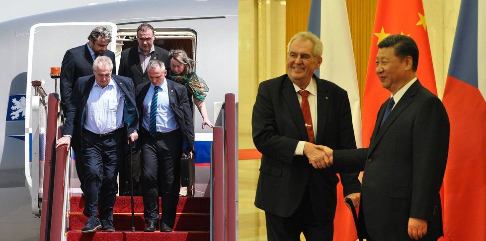 Český prezident Miloš Zeman při vystoupení z letadla a se svým čínským protějškem Si Ťin-pchingem