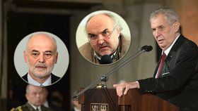 Prezident Miloš Zeman (u pultíku) a jím nejmenovaní profesoři: Ivan Ošťádal a Jiří Fajt