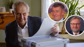 Prezident Miloš Zeman, premiér Andrej Babiš (ANO) a šéf ODS Petr Fiala