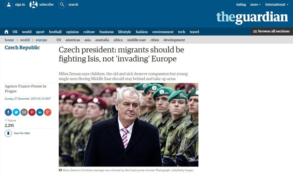 &#34;Český prezident: Uprchlíci by měli bojovat s Islámským státem, ne se hrnout do Evropy.&#34;