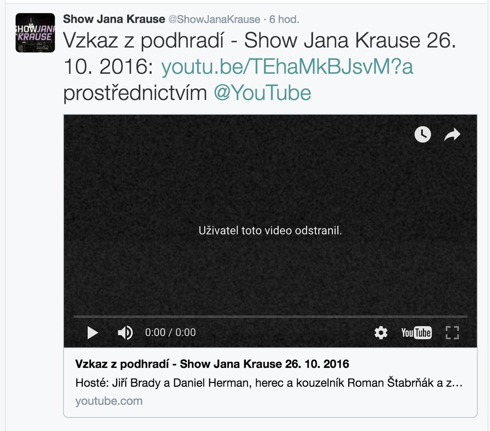 Cenzuře neunikl ani Youtube Show Jana Krause, jak je poznat na Twitteru pořadu. Video, na němž měl být „vzkaz z podhradí“, záhadně zmizelo.