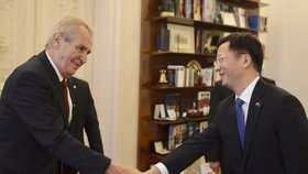 Prezident republiky Miloš Zeman přijal na Pražském hradě pana Zhang Jianmina, velvyslance ČLR v ČR, kterého doprovodili také zástupci firmy Huawey. (31. 1. 2018)