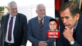 Tři prezidenti v komentáři Petra Holce. Zleva Miloš Zeman, Václav Klaus a Václav Havel