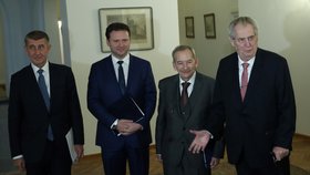 Ústavní činitelé: Zleva Andrej Babiš (ANO), Radek Vondráček (ANO), Jaroslav Kubera (ODS) a Miloš Zeman