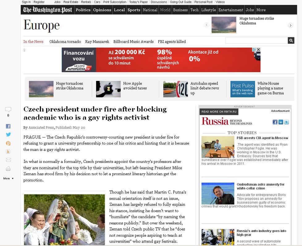 Server známého amerického listu Washington Post: Český prezident pod palbou poté, co zablokoval jmenování akademika, který je aktivistou za práva gayů
