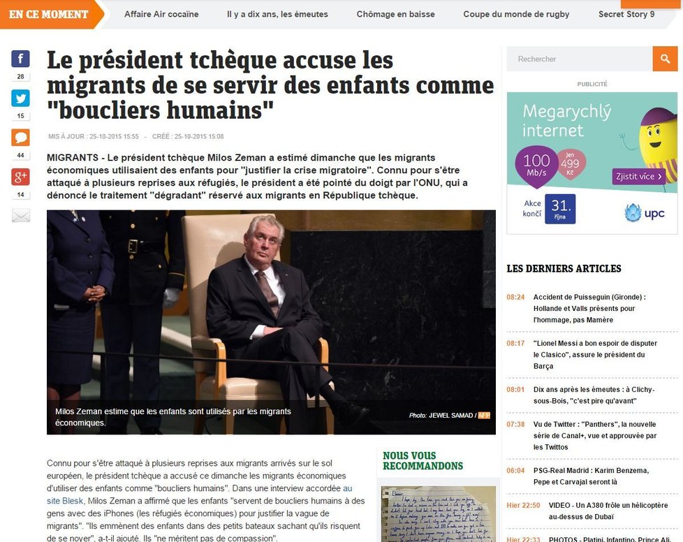 Článek o Miloši Zemanovi na francouzském webu Metronews.fr