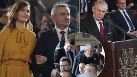 Prezident Miloš Zeman, jeho kancléř Vratislav Mynář s Kateřinou Zemanovou a zástupci TOP 09 opouštějící sál