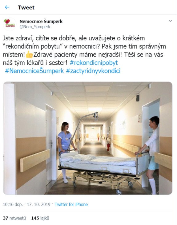 Šumperská nemocnice prý v nadsázce komentovala Zemanův nástup do nemocnice. Prý ráda přivítá zdravé lidi na rekondičním pobytu.