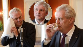 Zeman se po jmenování Rusnoka premiérem otíral kapesníkem a vyžádal si sklenici vody.