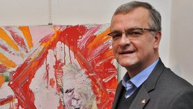 Obraz Karla Švugera s názvem "Kunda z Lán" (v pozadí), koupil 27. listopadu v plzeňské galerii Visio Art místopředseda TOP 09 Miroslav Kalousek