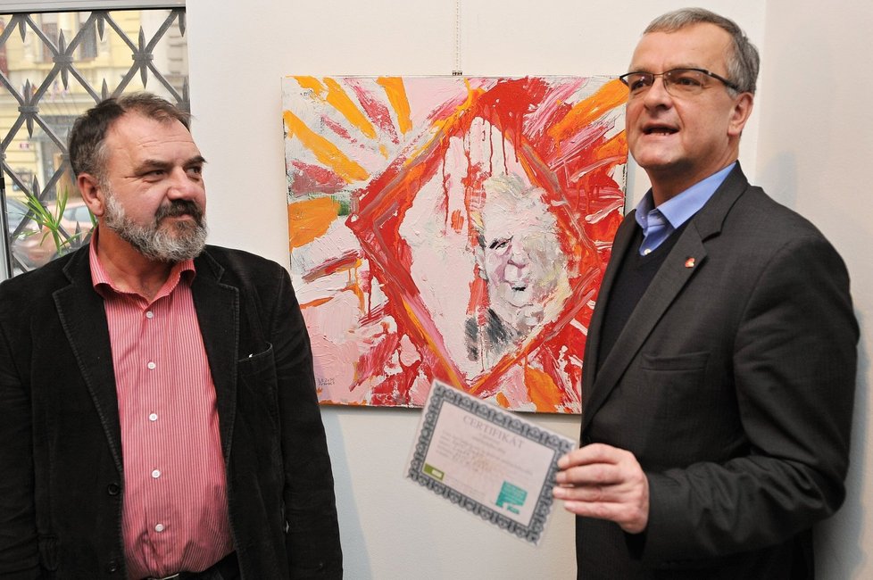 Obraz Karla Švugera s názvem &#34;Kunda z Lán&#34; (v pozadí), koupil 27. listopadu v plzeňské galerii Visio Art místopředseda TOP 09 Miroslav Kalousek