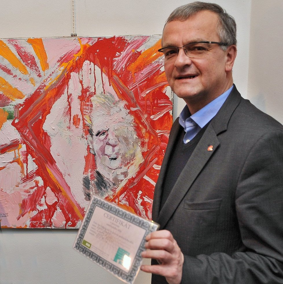 Obraz Karla Švugera s názvem &#34;Kunda z Lán&#34; (v pozadí), koupil 27. listopadu v plzeňské galerii Visio Art místopředseda TOP 09 Miroslav Kalousek